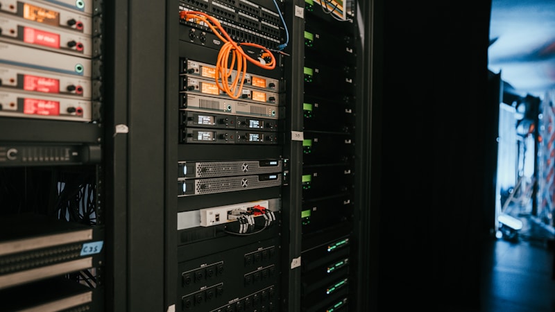 A rack of servers running in a data center
