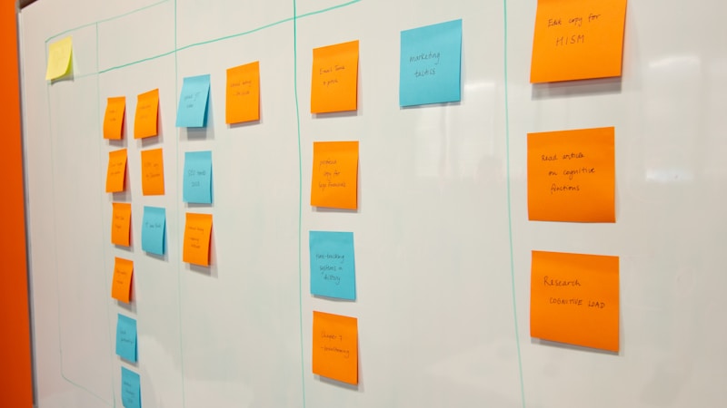 Sticky notes and columns mapped out on a whiteboard during planning