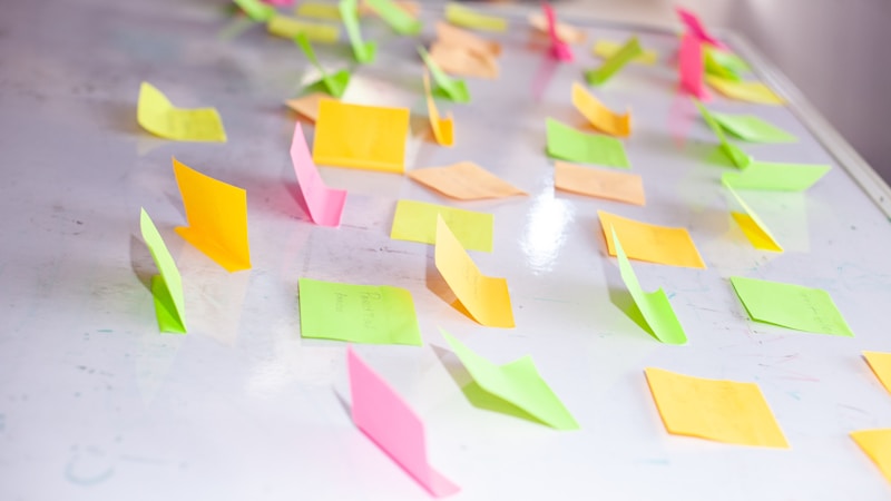 Colorful sticky notes arranged on a whiteboard during a planning session